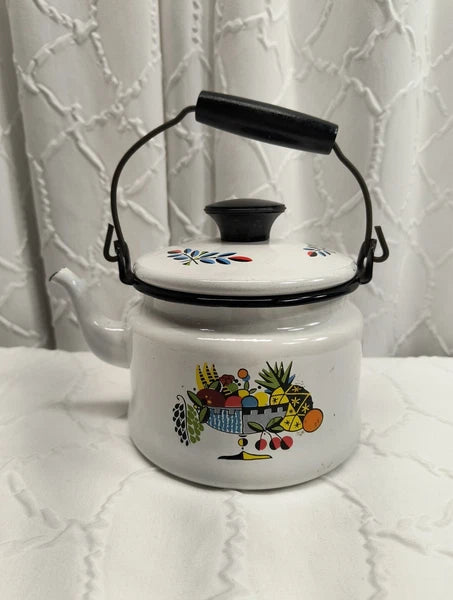 Vintage Enamelware Tea Kettle White With Fruit Design Wood Handle MCM