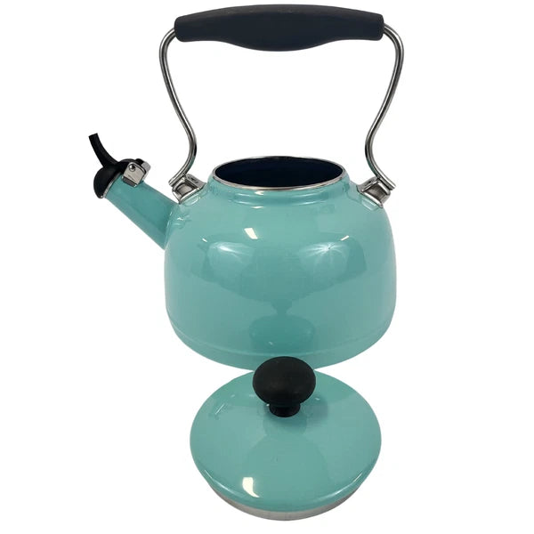 Aqua Blue Enamel Whistling Tea Kettle with Black Handle - 2 Qt
