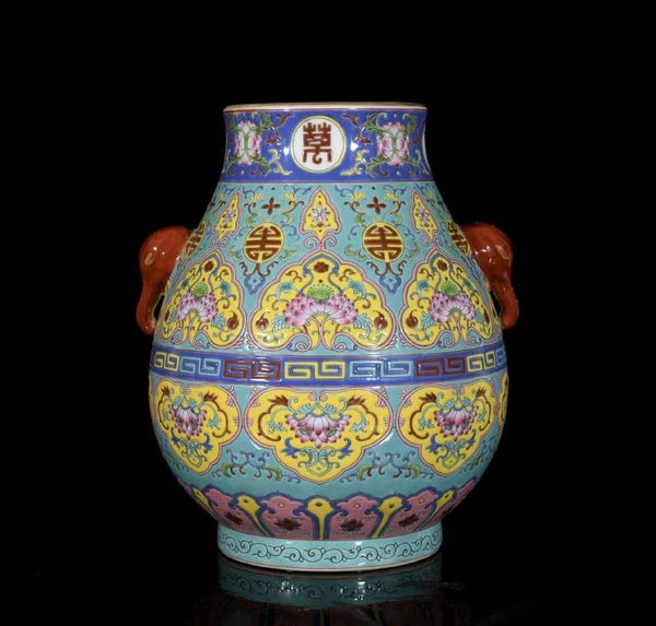 Qianlong Signed Old Chinese Colour Enamel Zun Vase W/flower N3328