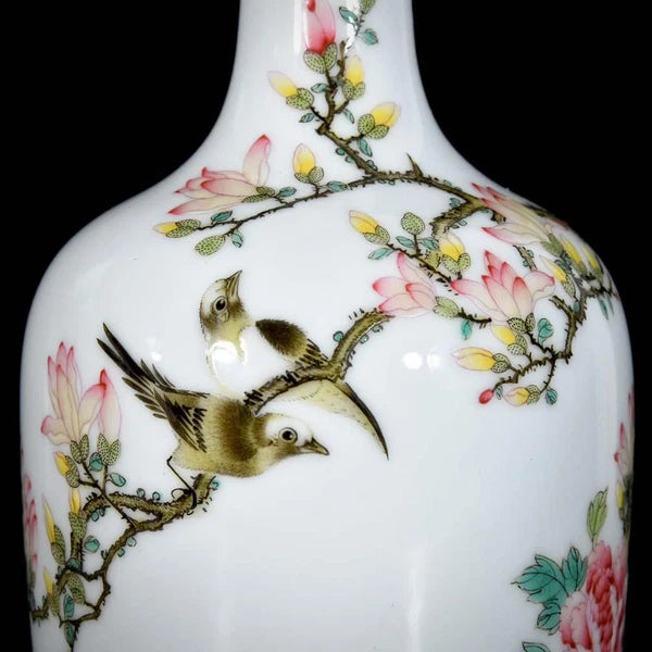 Qianlong Signed Pair Old Chinese Colour Enamel Vase W/bird N3736