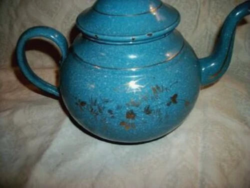 ANTIQUE FRENCH ENAMELWARE BLUE SPECKLED TEAPOT KETTLE GRANITEWARE GILT FLOWERS