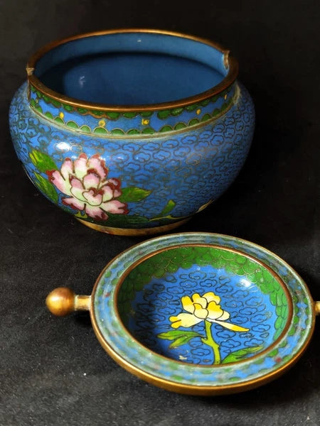 Chinese Antique Cloisonne Bowl Enamel Flowers Fine with Lid