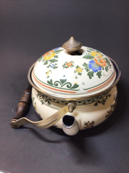 ASTA Enamelware Tea Kettle 1960s Amsterdam Teapot Brass Handles Floral - Germany