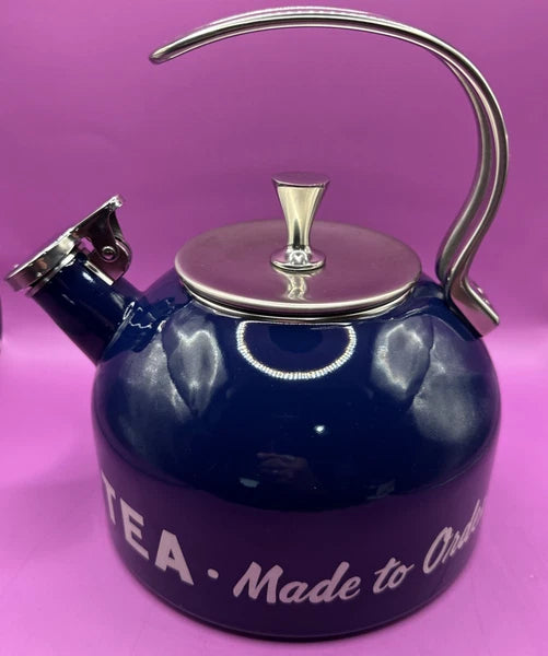 LENOX  KATE SPADE MADE TO ORDER COFFEE TEA KETTLE NAVY BLUE SILVER NICE COND