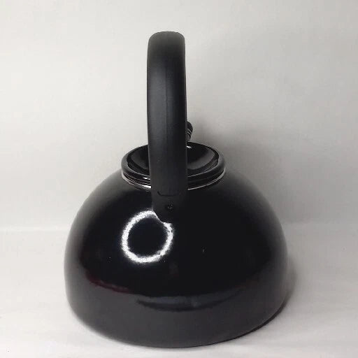 Copco Whistling Tea Kettle Glossy Black 2 Quart Enamel Squeeze Handle Stovetop