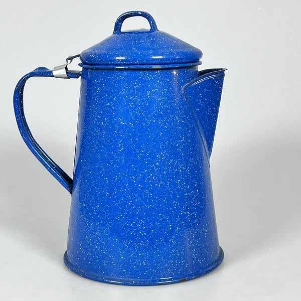 Vintage 8” Blue Enamel Graniteware Campfire Coffee Pot Speckled Decor K4